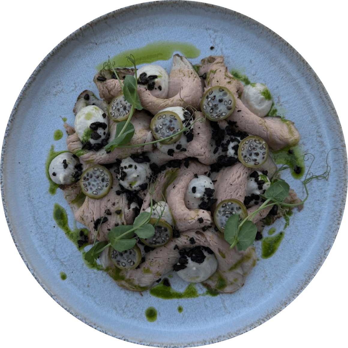 Vitello tonnato vu du dessus, comme une pleine lune.